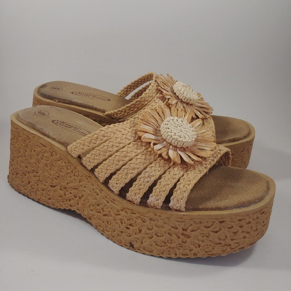 90s Y2K 00s Lower East Side Woven Raffia Palm Chunky Platform Wedge Slide Sandal